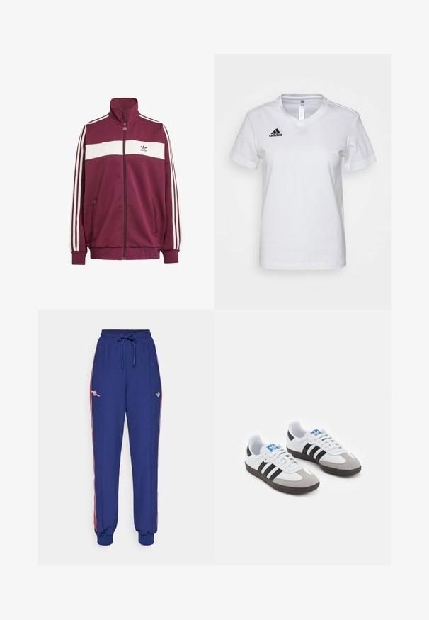Tumši sarkans zipa žiburs ar baltiem horizontāliem svītrām un trim baltām sānu svītrām. Iespējo augstu apkakli un divas kabatas ar zipa aizdari sānos.; Balta kokvilnas T-kreklā ar V veida kakla izgriezumu, īsām piedurknēm un melnu Adidas logo kreisajā krūtīs. Gluda tekstūra, klasiskā piegriezne.; Zilās sporta bikses ar sarkanām sānu svītrām, elastīga josta ar auklu, ribotas aproces, ar izšūtiem logo uz sāniem.; Sporta apavi ar balto ādas virsu, pelēku zamšādas purngalu un trim melnām svītrām. Iezīmē zilu logotipu uz mēles un teksturētu gumijas zoli.