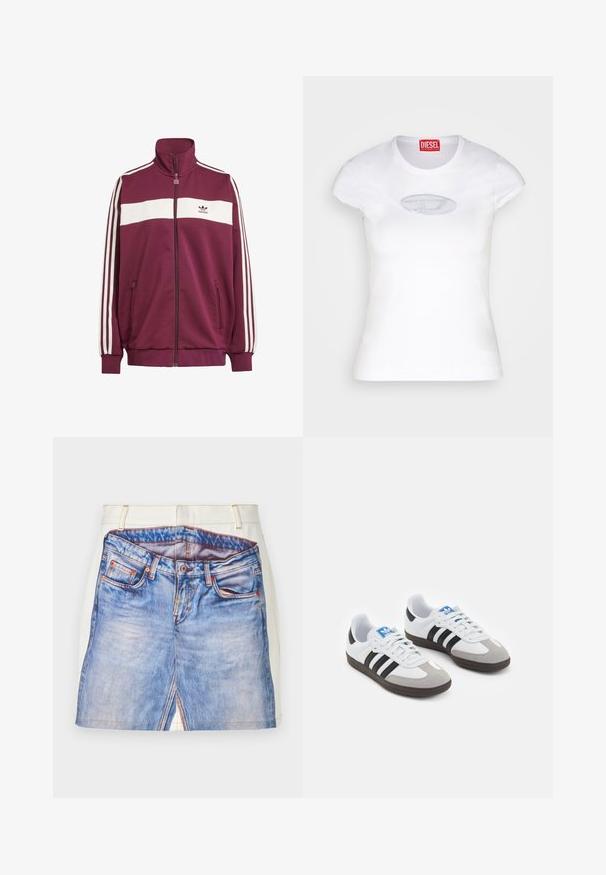 Giacca zip color marrone con striscia orizzontale bianca e tre strisce laterali bianche. Presenta un collo alto e due tasche laterali con zip.; Maglietta aderente bianca in cotone, con scollatura rotonda e maniche corte, caratterizzata da un logo ricamato di colore azzurro chiaro sul davanti.; Short in denim con un motivo di jeans blu stampato, con una vita bianca, cuciture arancioni e dettagli con spacco laterale.; Scarpe sportive con tomaia in pelle bianca, punta in suede grigia e tre strisce nere. Presentano un logo blu sulla linguetta e una suola in gomma testurizzata.