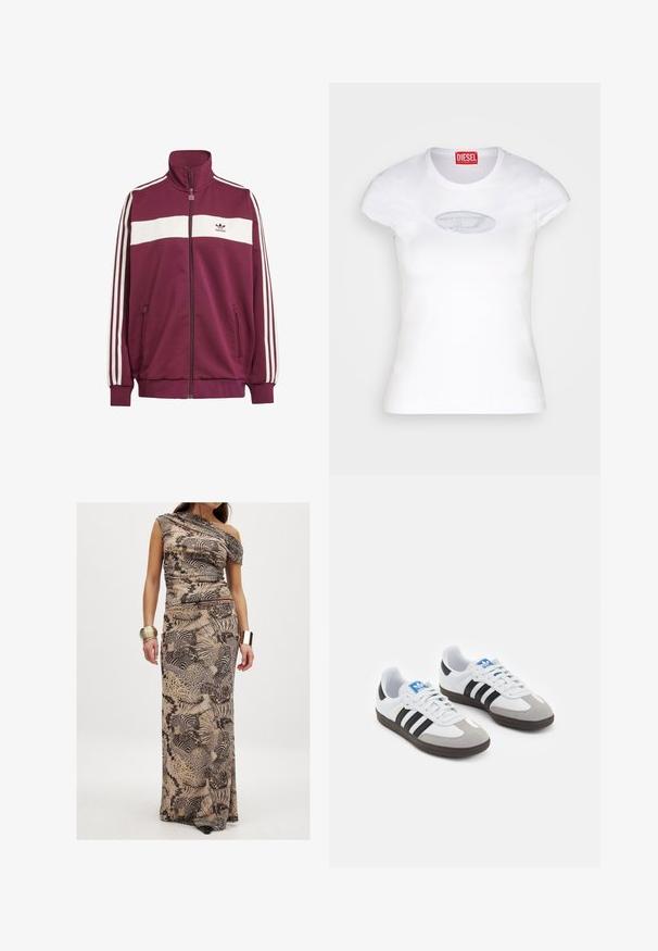 Chaqueta con cremallera en color marrón con una franja horizontal blanca y tres franjas laterales blancas. Presenta un cuello alto y dos bolsillos laterales con cremallera.; Camiseta blanca ajustada de algodón, con escote redondo y mangas cortas, que presenta un logotipo bordado en azul claro en la parte delantera.; Vestido maxi con diseño de un solo hombro, hecho de tela ligera, que presenta una base beige con patrones animales y abstractos en negro.; Zapatillas deportivas con parte superior de piel blanca, puntera de ante gris y tres rayas negras. Presentan un logo azul en la lengüeta y una suela de goma texturizada.