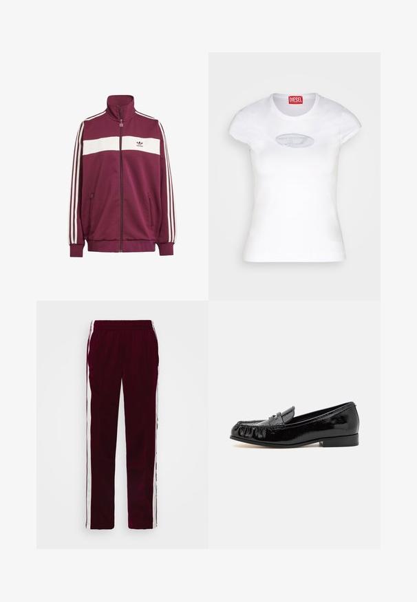 Giacca zip color marrone con striscia orizzontale bianca e tre strisce laterali bianche. Presenta un collo alto e due tasche laterali con zip.; Maglietta aderente bianca in cotone, con scollatura rotonda e maniche corte, caratterizzata da un logo ricamato di colore azzurro chiaro sul davanti.; Pantaloni atletici bordeaux con vita regolabile, strisce laterali bianche e vestibilità slim. Realizzati in un tessuto liscio e leggero.; Mocassini in pelle verniciata nera con punta arrotondata, dettaglio di frange e tacco basso a blocco. La superficie ha una finitura lucida.