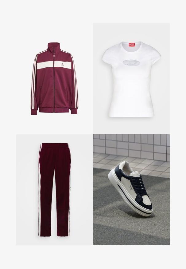 Chaqueta con cremallera en color marrón con una franja horizontal blanca y tres franjas laterales blancas. Presenta un cuello alto y dos bolsillos laterales con cremallera.; Camiseta blanca ajustada de algodón, con escote redondo y mangas cortas, que presenta un logotipo bordado en azul claro en la parte delantera.; Pantalones deportivos burdeos con cintura ajustable, franjas laterales blancas y corte slim. Fabricados con un material suave y ligero.; Zapatillas de piel blancas y azul marino con punta perforada, cordones y suela de goma texturizada, con una marca en el lateral.