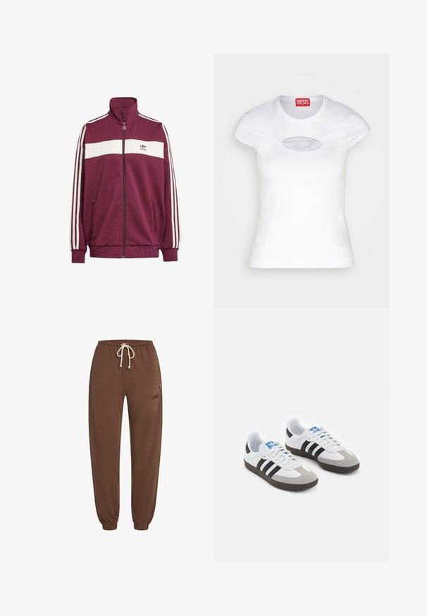 Bordová zipová bunda s bílým vodorovným pruhem a třemi bílými bočními pruhy. Má vysoký límec a dvě boční kapsy na zip.; Bílá přiléhavá tričko z bavlny, s kulatým výstřihem a krátkými rukávy, s jemně modrým vyšitým logem na přední straně.; Hnědé tepláky vyrobené z měkké látky, s elastickým pasem a šňůrkou, se zúženými nohavicemi a logem na boku.; Sportovní boty s bílým koženým svrškem, šedou semišovou špičkou a třemi černými pruhy. Obsahují modré logo na jazyku a texturovanou gumovou podrážku.