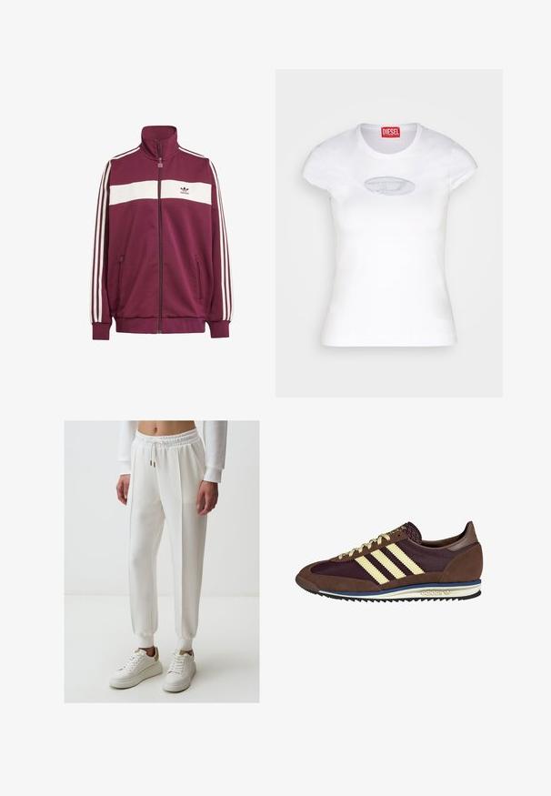 Bordowa kurtka na zamek z białym poziomym paskiem oraz trzema białymi paskami po bokach. Posiada wysoki kołnierz oraz dwie kieszenie boczne na zamek.; Biała dopasowana koszulka wykonana z bawełny, z okrągłym dekoltem i krótkimi rękawami, z jasnoniebieskim haftowanym logo na przodzie.; Białe spodnie dresowe z elastycznym pasem, detalem w postaci sznurka, bocznymi kieszeniami i zwężanymi nogawkami, w połączeniu z białymi trampkami.; Brązowe i burgundowe sneakersy wykonane z zamszu i siateczkowych materiałów, z trzema kremowymi paskami, teksturowanym materiałem na języku i gumową podeszwą.