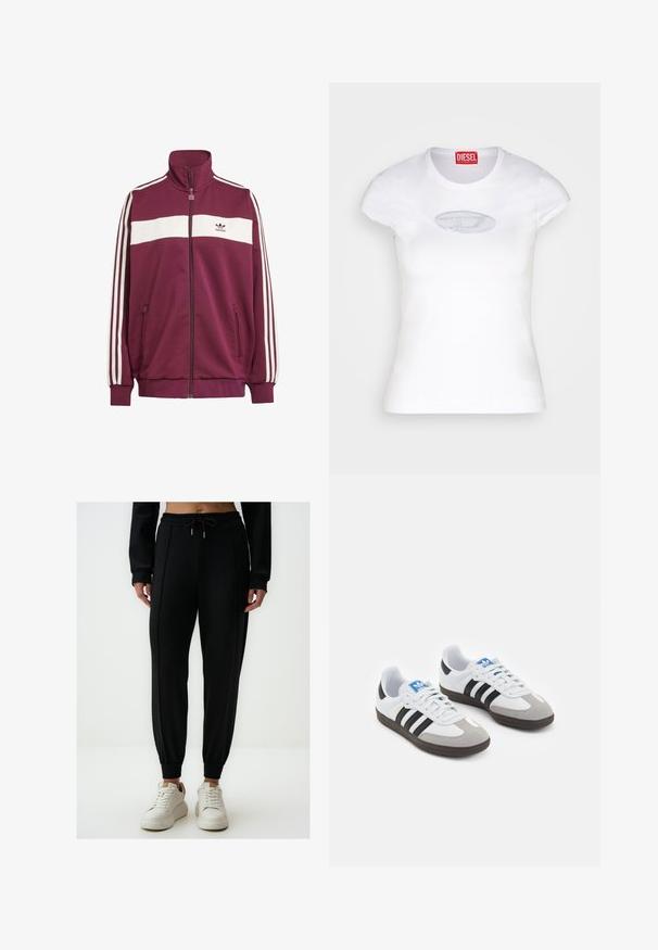 Bordowa kurtka na zamek z białym poziomym paskiem oraz trzema białymi paskami po bokach. Posiada wysoki kołnierz oraz dwie kieszenie boczne na zamek.; Biała dopasowana koszulka wykonana z bawełny, z okrągłym dekoltem i krótkimi rękawami, z jasnoniebieskim haftowanym logo na przodzie.; Czarne sportowe joggery z marszczoną talią, sznurkiem do regulacji, elastycznymi mankietami i podwójnymi bocznymi panelami, wykonane z gładkiego, elastycznego materiału.; Buty sportowe z białą skórzaną cholewką, szarym zamszowym noskiem i trzema czarnymi paskami. Posiadają niebieskie logo na języku oraz teksturowaną gumową podeszwę.