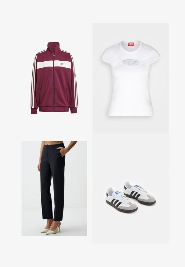 Bordowa kurtka na zamek z białym poziomym paskiem oraz trzema białymi paskami po bokach. Posiada wysoki kołnierz oraz dwie kieszenie boczne na zamek.; Biała dopasowana koszulka wykonana z bawełny, z okrągłym dekoltem i krótkimi rękawami, z jasnoniebieskim haftowanym logo na przodzie.; Niebieskie spodnie w paski w marynarskim stylu z płaskim przodem, kieszeniami w pasie i zwężanymi nogawkami. Materiał jest gładki, z delikatnym połyskiem.; Buty sportowe z białą skórzaną cholewką, szarym zamszowym noskiem i trzema czarnymi paskami. Posiadają niebieskie logo na języku oraz teksturowaną gumową podeszwę.