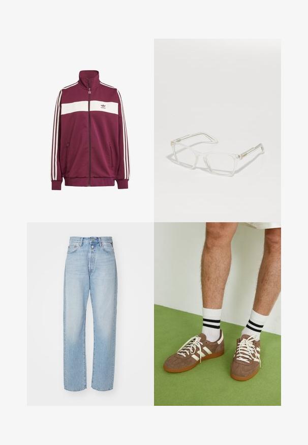 Bordo zip užtrauktuku striukė su balta horizontalia juostele ir trimis baltomis šoninėmis juostelėmis. Turi aukštą apykaklę ir dvi užtraukiamas šonines kišenes.; Baltas figūruotas marškinėlis pagamintas iš medvilnės, turintis apvalų kaklą ir trumpas rankoves, priekyje su šviesiai mėlynu išsiuvinėtu logotipu.; Šviesiai mėlynos tiesios kojos džinsai, pagaminti iš džinsinio audinio, su aukštu liemeniu, penkių kišenių dizainu ir mygtukų užsegimu.; Rudoni veršiai sportbačiai su baltais akcentais ir raišteliais. Gumos padu. Dėvimi su baltais kojinėmis, turinčiomis juodas juostas. Žalios tekstūruotos grindys.; Aikštės formos taisyklingi akiniai su plonais skaidriais rėmeliais ir metaliniais akcentais. Išskirtiniai bruožai yra subtili prekės ženklo atributika ant šventyklų ir sklandus paviršius.