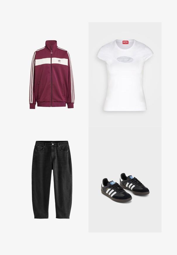 Giacca zip color marrone con striscia orizzontale bianca e tre strisce laterali bianche. Presenta un collo alto e due tasche laterali con zip.; Maglietta aderente bianca in cotone, con scollatura rotonda e maniche corte, caratterizzata da un logo ricamato di colore azzurro chiaro sul davanti.; Jeans in denim nero con una vestibilità comoda, caratterizzati da un classico design a cinque tasche, chiusura con bottone e dettagli di cucitura sottili.; Sneakers neri con tomaia in suede e materiale sintetico, caratterizzati da tre strisce bianche, suola in gomma testurizzata e etichetta blu sul linguetta.
