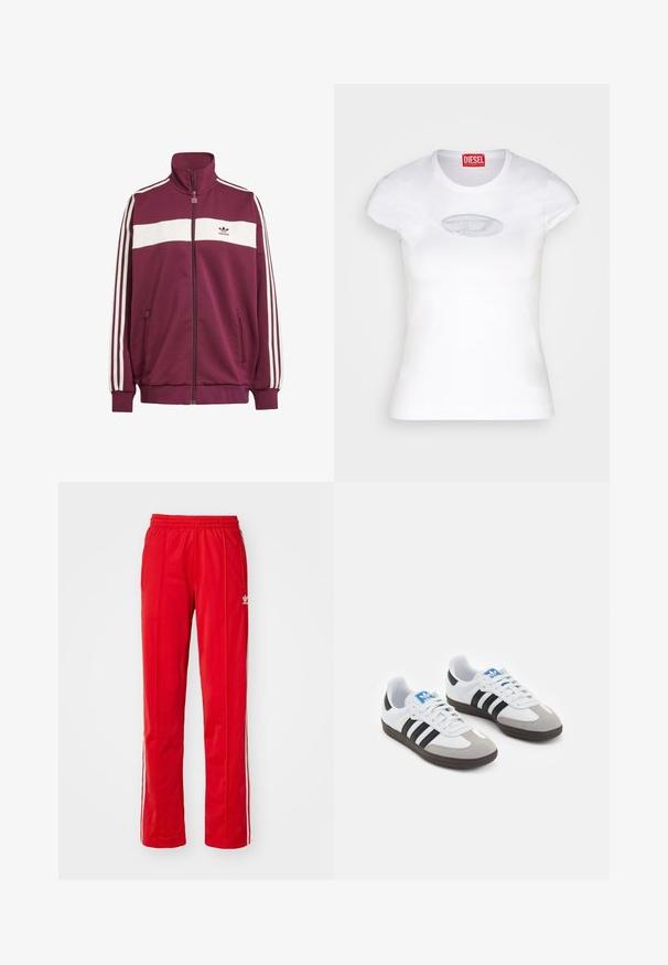 Casaco de fecho éclair cor bordeaux com risca horizontal branca e três riscas brancas de lado. Apresenta um colarinho alto e dois bolsos laterais com fecho éclair.; T-shirt branca ajustada, feita de algodão, com decote redondo e mangas curtas, apresentando um logótipo bordado em azul claro à frente.; Calças de pista vermelhas com um cós elástico, bolsos laterais e riscas brancas laterais. Feitas de um tecido leve e suave. Apresenta detalhes com o logotipo.; Ténis desportivos com um cabedal em pele branca, biqueira em camurça cinza e três riscas pretas. Apresenta um logo azul na língua e uma sola de borracha texturizada.