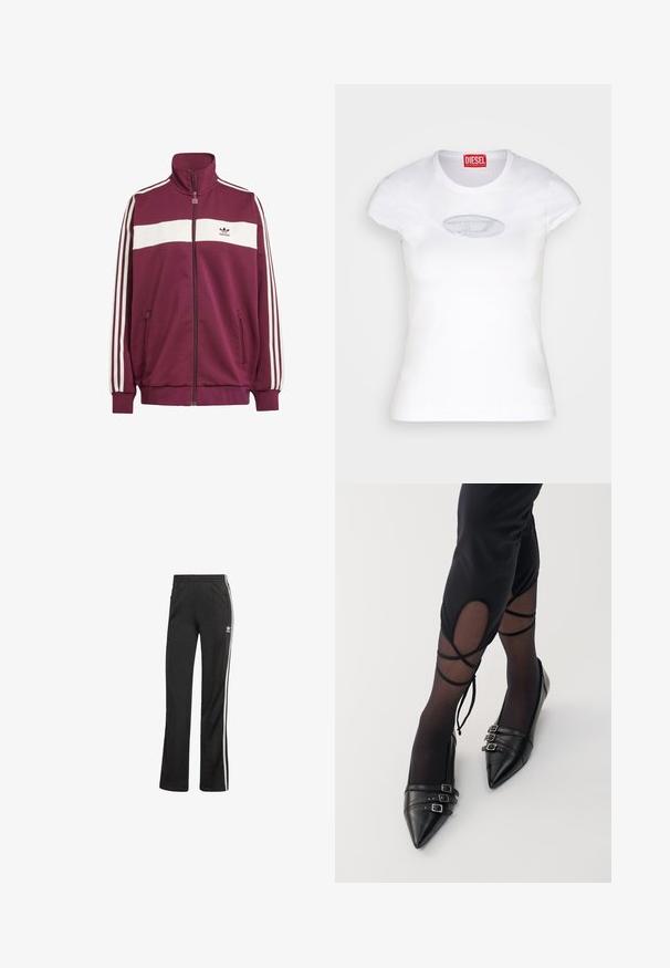 Bordeaux rode zipjack met een witte horizontale streep en drie witte zijstrepen. Kenmerkt zich door een hoge kraag en twee met rits afgesloten zijzakken.; Witte, aansluitende T-shirt van katoen, met een ronde hals en korte mouwen, voorzien van een lichtblauw geborduurd logo aan de voorkant.; Zwarte sportbroek met een relaxte pasvorm, voorzien van witte zijstrepen en een elastische tailleband. Inclusief een klein logo-detail aan de zijkant.; Zwarte puntige leren ballerina's met drie metalen gespen en een gladde afwerking, gedragen met doorschijnende zwarte kousen.