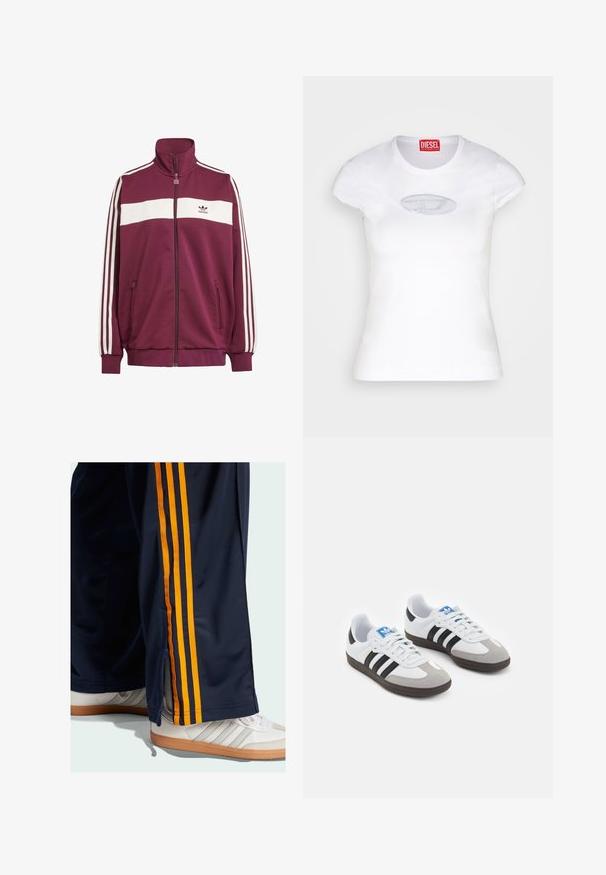 Bordó zipzáras dzseki fehér vízszintes csíkkal és három fehér oldalsó csíkkal. Magas nyakkal rendelkezik, és két cipzáras oldalsó zsebe van.; Fehér, pamutból készült, testhezálló póló, kerek nyakkivágással és rövid ujakkal, elől világoskék hímzett logóval.; Sötétkék sportnadrág narancssárga oldalsávokkal, cipzáras bokákkal és sima felülettel. Fehér sportcipővel viselve, szürke részletekkel.; Fehér bőr felsőrészes sportcipő, szürke velúrból készült orral és három fekete csíkkal. Jellemzője a kék logó a nyelvén és egy texturált gumitalp.