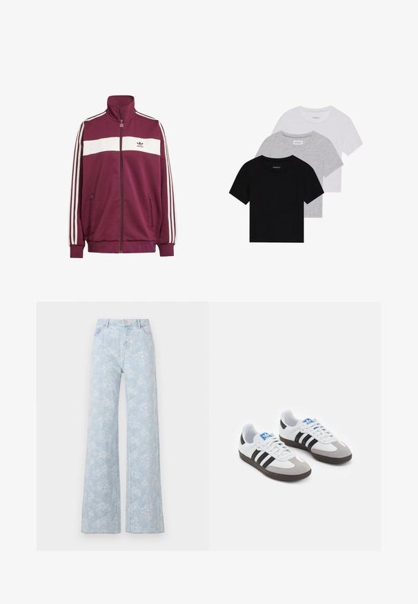 Μαρόν ζακέτα με λευκή οριζόντια ρίγα και τρεις λευκές ρίγες στα πλάγια. Διαθέτει ψηλό γιακά και δύο φερμουάρ πλάγια αξεσουάρ.; Σετ τριών κοντομάνικων μπλουζών σε μαύρο, γκρι και άσπρο. Κατασκευασμένες από βαμβάκι, διαθέτουν λαιμόκοψη και απλό, μονόχρωμο σχέδιο.; Ανοιχτό μπλε τζιν παντελόνι wide-leg με λουλουδάτο σχέδιο, φτιαγμένο από τζιν υλικό με ψηλή μέση, διαθέτοντας εμπρόσθιες τσέπες και κλείσιμο με κουμπί.; Αθλητικά παπούτσια με άσπρη δερμάτινη πάνω επιφάνεια, γκρι σουέτ μύτη και τρεις μαύρες ρίγες. Διαθέτουν μπλε λογότυπο στη γλώσσα και υφασμένο καουτσούκ σόλα.