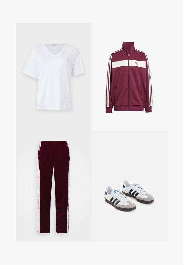 Bordeauxfarbener Zip-Jacke mit weißem horizontalen Streifen und drei weißen Seitestreifen. Besitzt einen hohen Kragen und zwei seitliche Reißverschlusstaschen.; Weißes T-Shirt mit kurzen Ärmeln und V-Ausschnitt aus weicher Baumwolle, mit einem dezenten Logo-Detail auf der Brust. Flache, glatte Textur.; Burgunderfarbene Sporthosen mit einem Kordelzugbund, weißen Seitenstreifen und einer schmalen Passform. Hergestellt aus einem glatten, leichten Stoff.; Sportschuhe mit einem Obermaterial aus weißem Leder, grauer Wildleder-Zehenkappe und drei schwarzen Streifen. Sie verfügen über ein blaues Logo auf der Zunge und eine strukturierte Gummisohle.