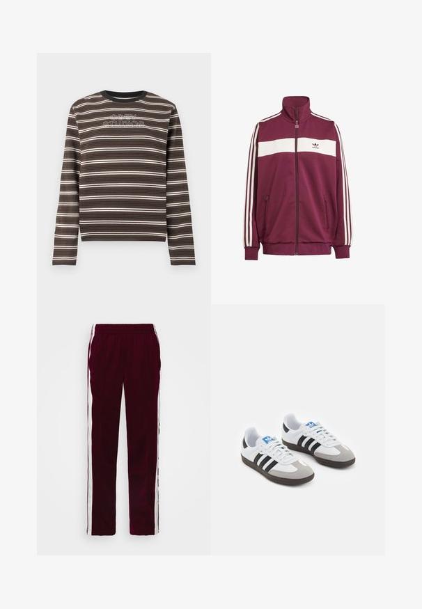 Bordeauxfarbener Zip-Jacke mit weißem horizontalen Streifen und drei weißen Seitestreifen. Besitzt einen hohen Kragen und zwei seitliche Reißverschlusstaschen.; Braun-schwarzes gestreiftes Langarmshirt mit weißem "OBEY STUDIOS"-Schriftzug auf der Brust, Rundhalsausschnitt.; Burgunderfarbene Sporthosen mit einem Kordelzugbund, weißen Seitenstreifen und einer schmalen Passform. Hergestellt aus einem glatten, leichten Stoff.; Sportschuhe mit einem Obermaterial aus weißem Leder, grauer Wildleder-Zehenkappe und drei schwarzen Streifen. Sie verfügen über ein blaues Logo auf der Zunge und eine strukturierte Gummisohle.