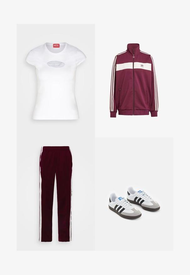 Bordo zip užtrauktuku striukė su balta horizontalia juostele ir trimis baltomis šoninėmis juostelėmis. Turi aukštą apykaklę ir dvi užtraukiamas šonines kišenes.; Baltas figūruotas marškinėlis pagamintas iš medvilnės, turintis apvalų kaklą ir trumpas rankoves, priekyje su šviesiai mėlynu išsiuvinėtu logotipu.; Burgundi spalvos sportinės kelnės su raišteliu juosmenyje, baltomis šoninėmis juostelėmis ir siauru siluetu. Pagamintos iš lygaus, lengvo audinio.; Sportiniai batai su balta odine viršutine dalimi, pilku zomšiniu priekiu ir trimis juodomis juostelėmis. Ant liežuvio yra mėlynas logotipas, o padas pagamintas iš tekstūruoto gumos.