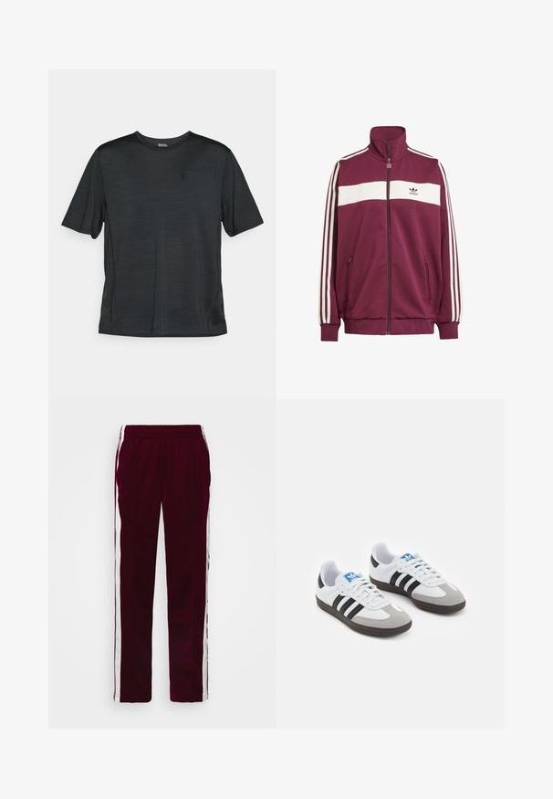 Bordó zipzáras dzseki fehér vízszintes csíkkal és három fehér oldalsó csíkkal. Magas nyakkal rendelkezik, és két cipzáras oldalsó zsebe van.; Fekete, rövid ujjú sportpóló, könnyű, nedvességelvezető anyagból készült. Kerek nyakkivágással és kis logóval rendelkezik a mellkason.; Burgundi színű sportnadrág húzózsinórral a derekán, fehér oldalsávokkal és slim fit szabással. Simább, könnyű anyagból készült.; Fehér bőr felsőrészes sportcipő, szürke velúrból készült orral és három fekete csíkkal. Jellemzője a kék logó a nyelvén és egy texturált gumitalp.