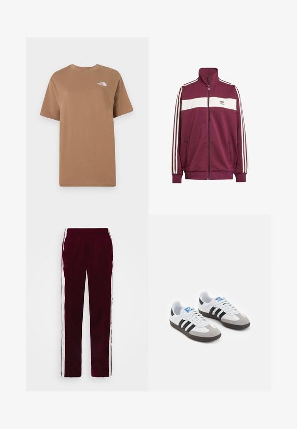Burgunderfarget zipjakke med hvit horisontal stripe og tre hvite sidestriper. Har høy krage og to glidelåslommer på siden.; Brun bomulls T-skjorte med korte ermer og rund hals. Har en liten hvit logo på den øverste venstre brystområdet.; Burgunderfargede treningsbukser med snøring i midjen, hvite sidestreker, og smal passform. Laget av et glatt, lett stoff.; Sportssko med en hvit skinnoverdel, grå semsket tå og tre svarte striper. Har en blå logo på tungen og en teksturert gummisåle.