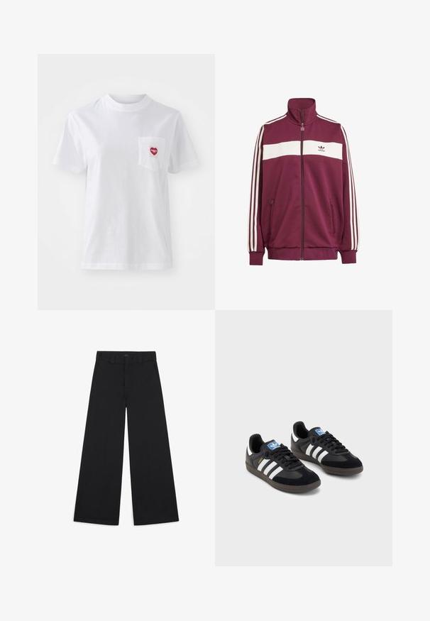 Bordo kapuutsiga jakks, millel on valge horisontaalne triip ja kolm valget külgtriipu. Omab kõrget kraed ja kahte lukuga küljetaskut.; Valge lühikeste varrukatega T-särk, mis on valmistatud puuvillast. Särki kaunistab väike punane südamekujulise tasku disain koos tekstiga "Carhartt WIP". Särgi tekstuur on sujuv.; Laiad mustad püksid, mis on valmistatud pehmest, kudumisest kangast. Omavad presseeritud voldikuid, vöörihmasid ja puhtat, viimistletud lõpptulemust.; Mustad tossud, mille pealseks on seemisnahk ja sünteetilised materjalid, kolme valge triibuga, tekstureeritud kummitald ja sinine logo silt keele peal.