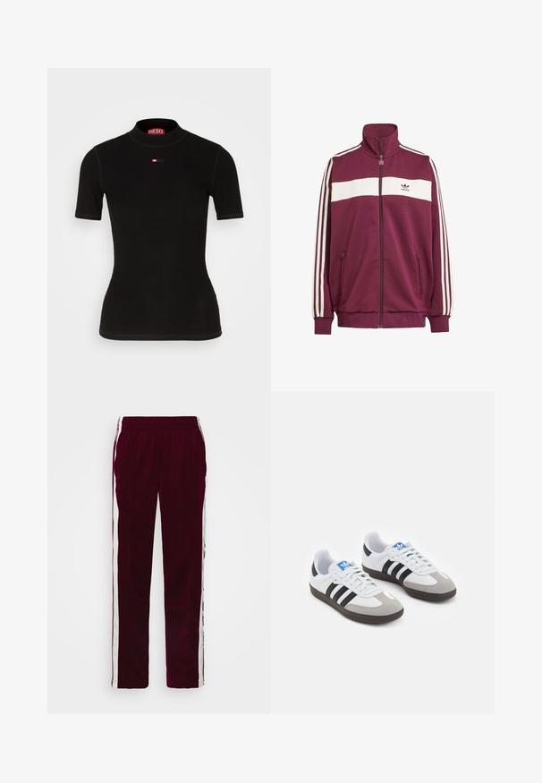 Maroon zip jacket with white horizontal stripe and three white side stripes. Features a high collar and two zippered side pockets.; Black short-sleeve top made of ribbed fabric, featuring a high neckline and a small red Diesel logo on the chest. Smooth texture and fitted shape.; Burgundy athletic pants with a drawstring waist, white side stripes, and a slim fit. Made from a smooth, lightweight fabric.; Sport shoes with a white leather upper, gray suede toe, and three black stripes. Features a blue logo on the tongue and a textured rubber sole.