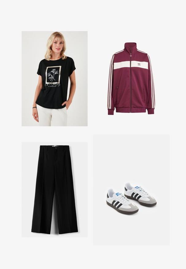 Bordo zip jakna z belim vodoravno pasom in tremi belimi stranskimi pasovi. Ima visok ovratnik in dve žepek na zadrgo na straneh.; Črna majica s kratkimi rokavi z metalno zlatim okvirjem cvetličnega vzorca in belim besedilom. Narejena iz gladkega, lahkega materiala.; Črne široke hlače iz lahkega materiala, z zapiranjem na gumb spredaj in ravnim sprednjim delom, s skrbno zašiti robovi.; Športni čevlji z belim usnjenim zgornjim delom, sivim semišem na prstih in tremi črnimi črtami. Imajo modro logo na jeziku in teksturiran gumijast podplat.