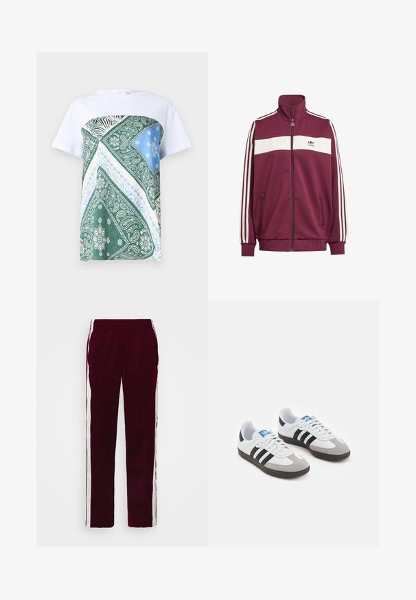 Bordeaux zipjakke med hvid vandret stribe og tre hvide sidelister. Har en høj krave og to lynlåslommer på siden.; Hvid t-shirt med et panel i grøn, blå og creme, der har paisley-mønstre og zebra-striber på den øverste frontsektion.; Burgunderrøde træningsbukser med snøre i taljen, hvide sidestreger og en tætsiddende pasform. Fremstillet af et glat, let stof.; Sportsko med en overdel i hvid læder, grå ruskind på tåen og tre sorte striber. Har et blåt logo på tungen og en struktureret gummisål.