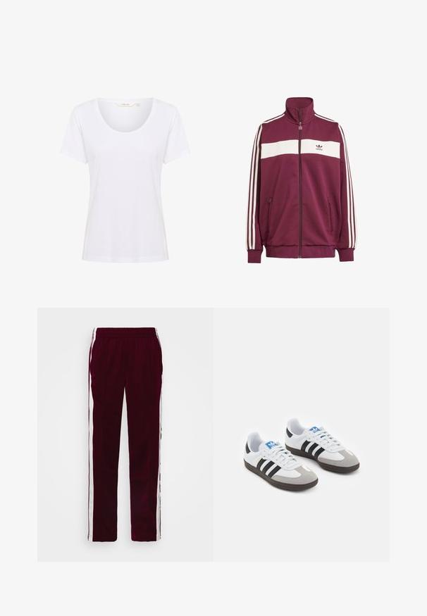 Bordeaux zipjakke med hvid vandret stribe og tre hvide sidelister. Har en høj krave og to lynlåslommer på siden.; Hvid kortærmet t-shirt med rund hals, lavet af glat stof, med en afslappet pasform og uden synlige mønstre eller detaljer.; Burgunderrøde træningsbukser med snøre i taljen, hvide sidestreger og en tætsiddende pasform. Fremstillet af et glat, let stof.; Sportsko med en overdel i hvid læder, grå ruskind på tåen og tre sorte striber. Har et blåt logo på tungen og en struktureret gummisål.