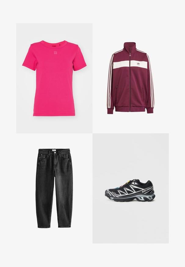 Tumši sarkans zipa žiburs ar baltiem horizontāliem svītrām un trim baltām sānu svītrām. Iespējo augstu apkakli un divas kabatas ar zipa aizdari sānos.; HUGO DELORIS - Pamata T-krekls - bright pink; Melnas džinsas ar taisnu piegriezumu, piecām kabatām un pogu aizdari. Iezīmējas ar nedaudz izgaismojumu un šuvju detaļām. Ikdienišķs dizains.; Melna skriešanas kurpe ar sudraba akcentiem, GORE-TEX materiāls, teksturēta zole un krāsainas šnūras. Iespējas ietver mīkstinātu papēdi atbalstam.