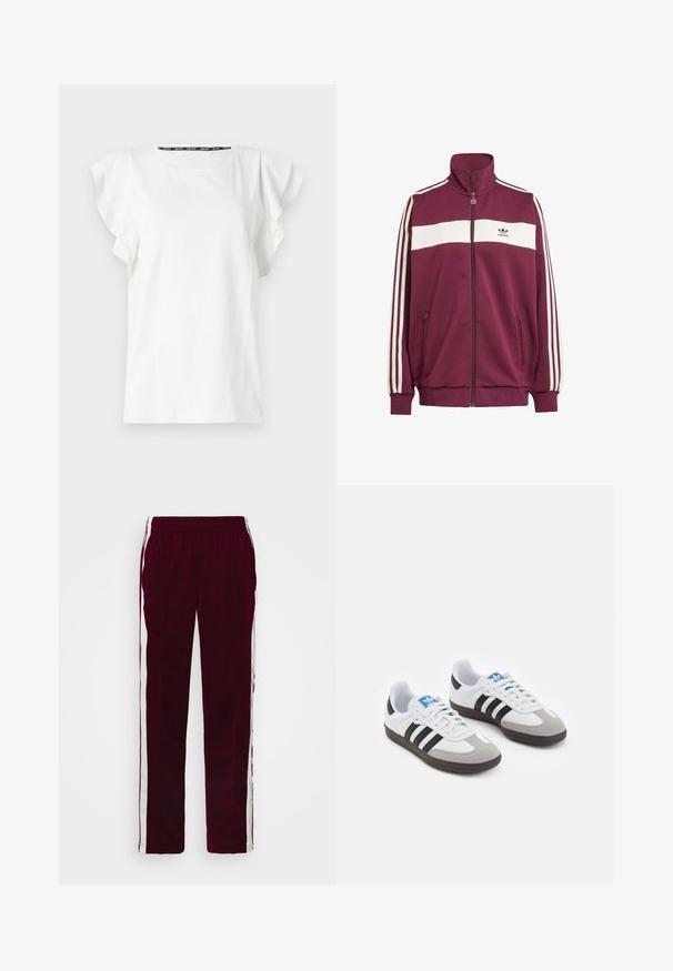 Bordeaux zipjakke med hvid vandret stribe og tre hvide sidelister. Har en høj krave og to lynlåslommer på siden.; Hvid bomulds t-shirt med flagrende ærmer og rund halsudskæring. Diskret branding på forsiden, glat tekstur og afslappet pasform.; Burgunderrøde træningsbukser med snøre i taljen, hvide sidestreger og en tætsiddende pasform. Fremstillet af et glat, let stof.; Sportsko med en overdel i hvid læder, grå ruskind på tåen og tre sorte striber. Har et blåt logo på tungen og en struktureret gummisål.