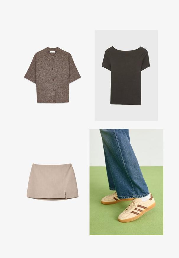 Kortärmad, brun ribbad cardigan med rund halsringning och fem bruna knappar fram, med en texturerad stickad tyg.; Mörkgrå kortärmad topp med båthals. Tillverkad av ribbad tyg, med avslappnad passform och ren fåll. Enkelt design, inga mönster.; Beige figursydd kjol med en strukturerad tyg, med en liten springa på sidan. Enkelt mönster utan extra detaljer eller mönster.; Beiga sneakers med strukturerade krämfärgade paneler och bruna ränder, i kombination med blå denimjeans. Jeansarna har vida ben och fransad fåll.