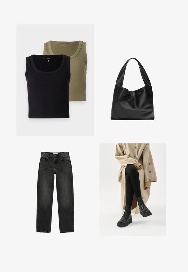 Korte mouwen, bruin ribgebreid cardigan met een ronde halslijn en vijf bruine knopen aan de voorkant, gemaakt van een gemêleerd breiwerk.; Zwarte en olijfgroene geribde tanktops met brede bandjes en een ronde halslijn, met een zachte textuur en een aansluitend ontwerp.; Zwarte denim jeans met een relaxte pasvorm, rechte pijpen, vijf-pocket ontwerp en een licht vervaagde textuur. Knop- en ritssluiting aan de voorkant.; Zwarte leren enkellaarsjes met veters, verhoogde plateauzool en textuur zwarte legging, gedragen met een lichtbeige trenchcoat.; Zwarte leren tote bag met een zachte, slappe vormgeving, brede hengsels en een gladde textuur. Geen zichtbare hardware of versieringen.