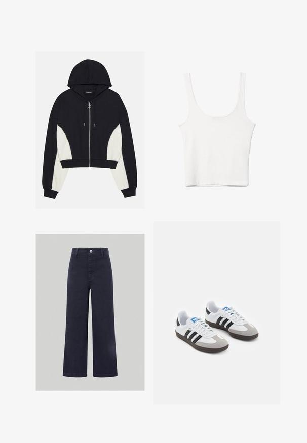 Svart och vit kortad huvtröja med dragkedja fram, huva och kontrasterande sidopaneler. Har silverdetaljer och ribbade muddar och fåll.; Vit bomullstopp med rundad halsringning, utan ärmar och en åtsittande form. Slät textur, enkel design och minimala sömnadsdetaljer.; Breda navybyxor gjorda av en slät bomullsblandning, med knappstängning fram och sydda detaljer längs midjan och fickorna.; Sportskor med överdel i vit läder, grå mocka på tårna och tre svarta ränder. Har en blå logotyp på tungan och en texturerad gummisula.