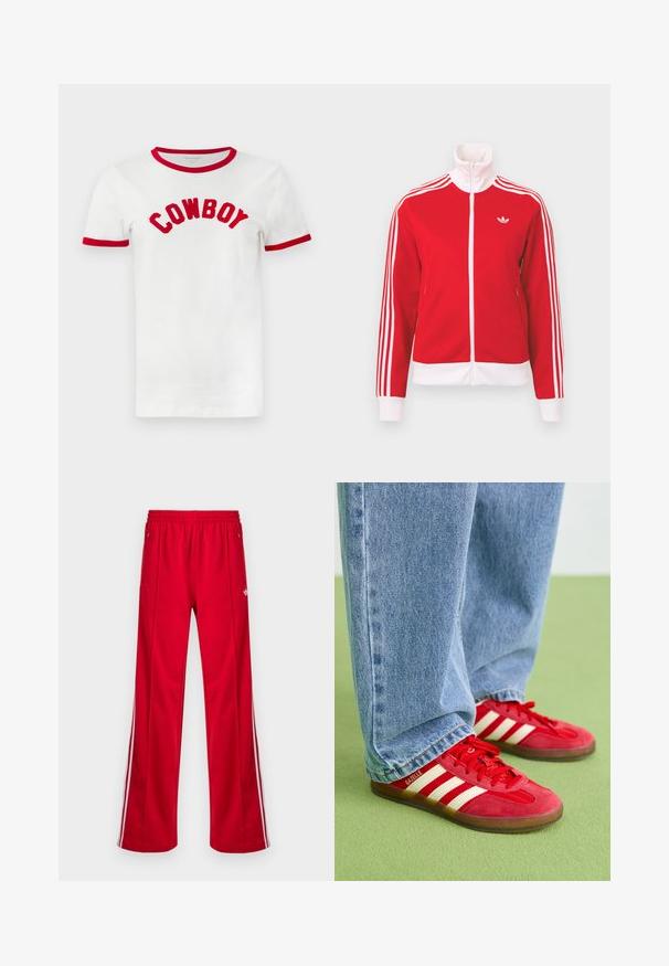 Rdeča športna jakna z belim zadrgo, tremi belimi črtami na rokavih, belimi manšetami in spodnjim robom ter belim logotipom Adidas na prsih.; Bela bombažna majica s katero rdečim obročem okoli vratu in rokavih. Na prsih je napis "KOVBOJ" v poglobljenih, rdečih izvezenih črkah.; Rdeče atletske hlače z ohlapnim krojem, elastičnim pasom, dvema stranskima žepoma in belimi stranskimi črtami. Iz gladkega, sintetičnega materiala.; Rdeče semiš tene z tremi belimi črtami, okrogla konica in teksturiran podplat, v kombinaciji s svetlo modrimi kavbojkami na zeleni podlagi.