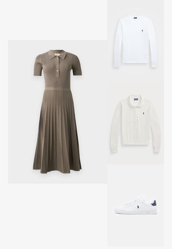 Hvit cardigan-genser laget av mykt stoff, med kragehals, lange ermer, knapping foran og en liten marineblå logo.; Ribbet midi kjole i grå-brun med korte ærmer, polokrave, gylden knaplukning og plisseret nederdel design. Blød tekstur.; Hvit langermet skjorte, i bomullsmateriale, med rund hals, som har en liten marineblå logo på venstre bryst. Enkelt design, vanlig passform.; Hvite lær sneakers med en glatt overflate, marineblå detaljer og en liten logo på siden. Har flate lisser og strukturet gummisåle.