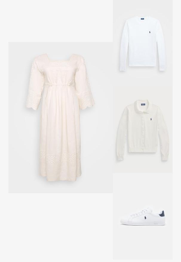 Gilet blanc en maille douce, avec un col, des manches longues, une fermeture à boutons sur le devant, et un petit logo navy.; Robe en lin blanc avec un décolleté carré, des manches courtes évasées et une bordure décorative en œillets. Elle présente une taille froncée et une longueur jusqu'aux chevilles.; Chemise blanche à manches longues, en coton, avec un col rond, ornée d'un petit logo marine sur la poitrine gauche. Design simple, coupe standard.; Baskets blanches en cuir avec une finition lisse, accents navy et un petit logo sur le côté. Elles disposent de lacets plats et d'une semelle en caoutchouc texturée.