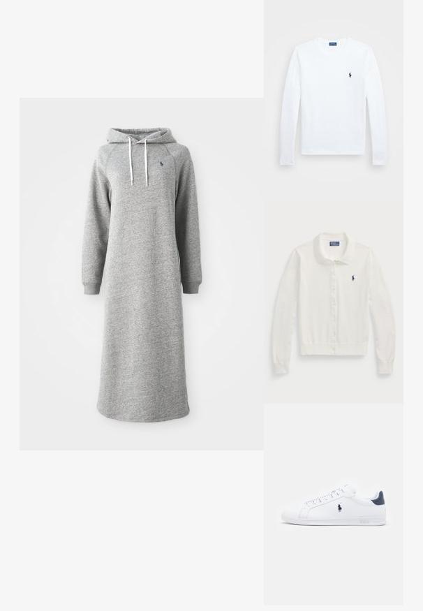 Valkoinen neuletakki, joka on valmistettu pehmeästä kankaasta ja siinä on kaulus, pitkät hihat, napillinen etuosa ja pieni laivaston sininen logo.; Hupparimekko harmaasta pehmeästä kankaasta, jossa on pitkä malli, pitkät hihat ja kengurupocket. Koristeelliset valkoiset narut hupussa.; Valkoinen pitkähihaine paita, puuvillamateriaalia, pyöreä pääntie, jossa on pieni laivaston sininen logo vasemmassa rinnassa. Yksinkertainen muotoilu, normaali istuvuus.; Valkoiset nahkakengät, joissa on sileä pinta, tummansinisiä yksityiskohtia ja pieni logo sivulla. Varustettu litteillä nauhoilla ja teksturoidulla kumipohjalla.