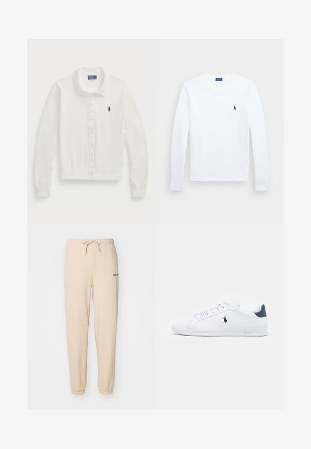 Weißer Cardigan aus weichem Material, mit Kragen, langen Ärmeln, Druckknopfverschluss und kleinem Navy-Logo.; Weißes Langarmshirt aus Baumwolle, runder Ausschnitt, mit kleinem blauem Logo auf der linken Brust. Einfaches Design, reguläre Passform.; Beige Fleece-Sweatpants mit elastischem Bund, verstellbarem Kordelzug und eng anliegenden Bündchen. Mit kleinem schwarzem Logo an der Seite.; Weiße Leder-Sneaker mit glatter Oberfläche, marineblauen Akzenten und einem kleinen Logo an der Seite. Sie verfügen über flache Schnürsenkel und eine strukturierte Gummisohle.