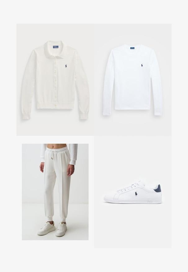 Witte cardigan van zacht materiaal, met een gekraagde halslijn, lange mouwen, knoopsluiting aan de voorkant en een klein marineblauw logo.; Witte langemouwen shirt, van katoen, met een ronde halslijn, voorzien van een klein marineblauw logo op de linkerkant van de borst. Eenvoudig ontwerp, normale pasvorm.; Witte sweatpants met een elastische tailleband, trekkoorddetails, zijzakken en taps toelopende enkels, gecombineerd met witte sneakers.; Witte leren sneakers met een gladde afwerking, marineblauwe accenten en een klein logo aan de zijkant. Voorzien van platte veters en een getextureerde rubberen zool.