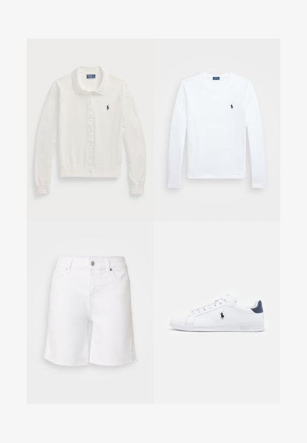Vit cardigan i mjukt tyg, med krage, långa ärmar, knäppning framtill och en liten marinblå logotyp.; Vit långärmad skjorta, i bomullsmaterial, med rund halsringning, prydd med en liten marinblå logotyp på vänster bröst. Enkel design, normal passform.; Vita denimshorts med rå kant, fem fickor och metallknappstängning. Har en figurnära midja och avslappnad bendesign.; Vita lädersneakers med en slät yta, marinblå detaljer och en liten logotyp på sidan. Har platta snören och mönstrad gummisula.
