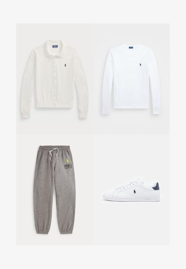 Baltas kardiganas, pagamintas iš minkštos medžiagos, su apykaklės iškirpte, ilgomis rankovėmis, mygtukų užsegimu priekyje ir maža tamsiai mėlyna emblema.; Balta ilgomis rankovėmis marška, pagaminta iš medvilnės, apvalia kaklaskare. Kairėje krūtinės pusėje yra mažas tamsiai mėlynas logotipas. Paprastas dizainas, reguliaraus kirpimo.; Pilkos sportinės kelnės su elastiniu liemeniu, raišteliu, šoniniais kišenėmis ir siuvinėta juoda bei geltona prekės ženklo ženkle ant šlaunies.; Baltos odinės sportbačiai su lygiu paviršiumi, tamsiai mėlyni akcentai ir mažas logotipas šone. Yra plokščios raišteliai ir tekstūruotas gumos padas.