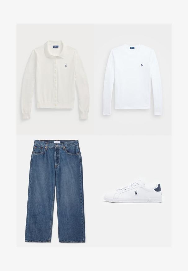 Bílý kardigan vyrobený z měkkého materiálu, s límečkem, dlouhými rukávy, zapínáním na knoflíky a malým námořnickým logem.; Bílá dlouhá košile s dlouhým rukávem, bavlněný materiál, kulatý výstřih, s malým námořnickým logem na levém prsu. Jednoduchý design, standardní střih.; RE/DONE LOOSE CROP - Džíny Relaxed Fit - peyote flow; Bílé kožené tenisky s hladkým povrchem, námořnickými akcenty a malým logem na boku. Mají ploché tkaničky a texturovanou gumovou podrážku.
