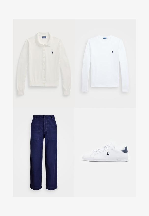 Suéter cardigan branco, feito de um tecido macio, com gola, mangas longas, fecho frontal com botões e um pequeno logotipo azul marinho.; Camisa de manga longa branca, em material de algodão, com decote redondo, apresentando um pequeno logótipo azul-marinho no lado esquerdo do peito. Design simples, ajuste regular.; Calças de ganga azul-escuro, com um design de perna reta, dois bolsos frontais e bainhas voltadas para cima.; Tenis brancos de couro com um acabamento suave, detalhes em azul marinho e um pequeno logotipo na lateral. Possui atacadores planos e sola de borracha texturizada.