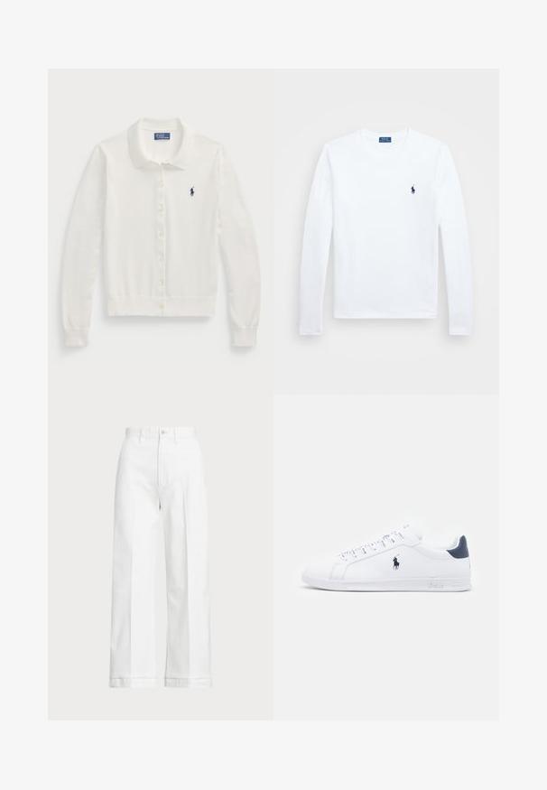 Weißer Cardigan aus weichem Material, mit Kragen, langen Ärmeln, Druckknopfverschluss und kleinem Navy-Logo.; Weißes Langarmshirt aus Baumwolle, runder Ausschnitt, mit kleinem blauem Logo auf der linken Brust. Einfaches Design, reguläre Passform.; Weiße Weitbein-Hosen mit hoher Taille, ausgestattet mit einem Knopfverschluss und subtilen Stickdetails. Hergestellt aus Baumwolle mit glatter Textur.; Weiße Leder-Sneaker mit glatter Oberfläche, marineblauen Akzenten und einem kleinen Logo an der Seite. Sie verfügen über flache Schnürsenkel und eine strukturierte Gummisohle.