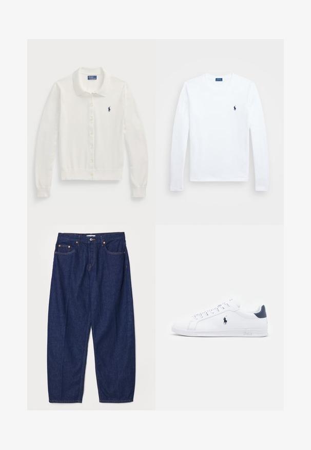 Bijela kardigan jakna izrađena od mekog materijala, s ovratnikom, dugim rukavima, kopčanjem na dugmad i malim mornarsko plavim logotipom.; Bijela košulja dugih rukava, pamuk, okrugli izrez, s malim mornarskim logotipom na lijevoj strani prsiju. Jednostavan dizajn, regularna kroja.; RE/DONE WIDE TAPER - Traperice opuštenog kroja - deadstock like; Bijele kožne tenisice s glatkom površinom, tamnoplave naglaske i mali logo sa strane. Imaju ravne vezice i teksturiranu gumu za potplat.