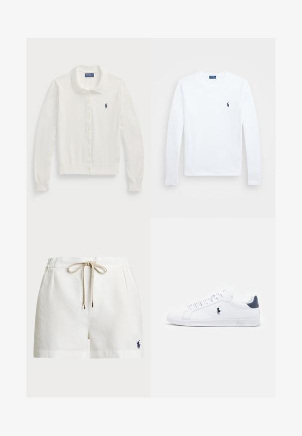 Cardigan bianco realizzato in tessuto morbido, con colletto, maniche lunghe, chiusura frontale con bottoni e piccolo logo blu navy.; Camicia bianca a maniche lunghe, in cotone, con scollatura rotonda, caratterizzata da un piccolo logo blu navy sul lato sinistro del petto. Design semplice, vestibilità regolare.; Shorts bianchi in lino con cinturino elastico, cordoncino beige e piccolo logo blu navy sul lato sinistro. Presentano una vestibilità rilassata e tasche laterali.; Sneakers bianchi in pelle con una finitura liscia, dettagli blu navy e un piccolo logo sul lato. Presentano lacci piatti e una suola in gomma testurizzata.