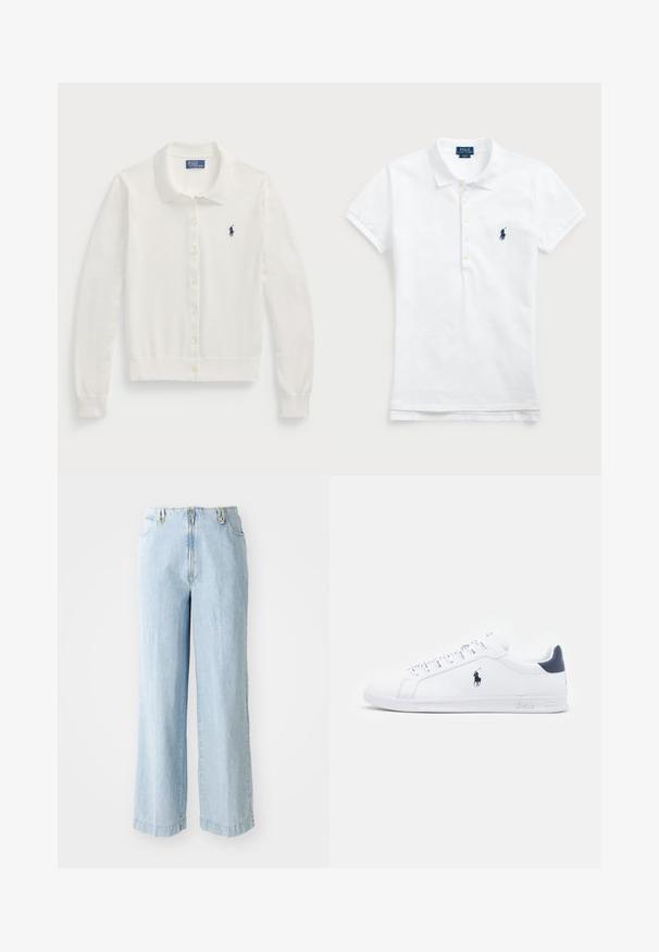 Cárdigan blanco de punto suave, con cuello tipo solapa, mangas largas, cierre frontal de botones y un pequeño logotipo azul marino.; Polo de algodón blanco con cuello clásico, mangas cortas y un logo bordado en azul marino en el lado izquierdo del pecho. Tapeta de cinco botones.; sandro Vaqueros rectos - bleu jean; Zapatillas de cuero blanco con un acabado suave, detalles en azul marino y un pequeño logotipo en el costado. Cuentan con cordones planos y una suela de goma texturizada.