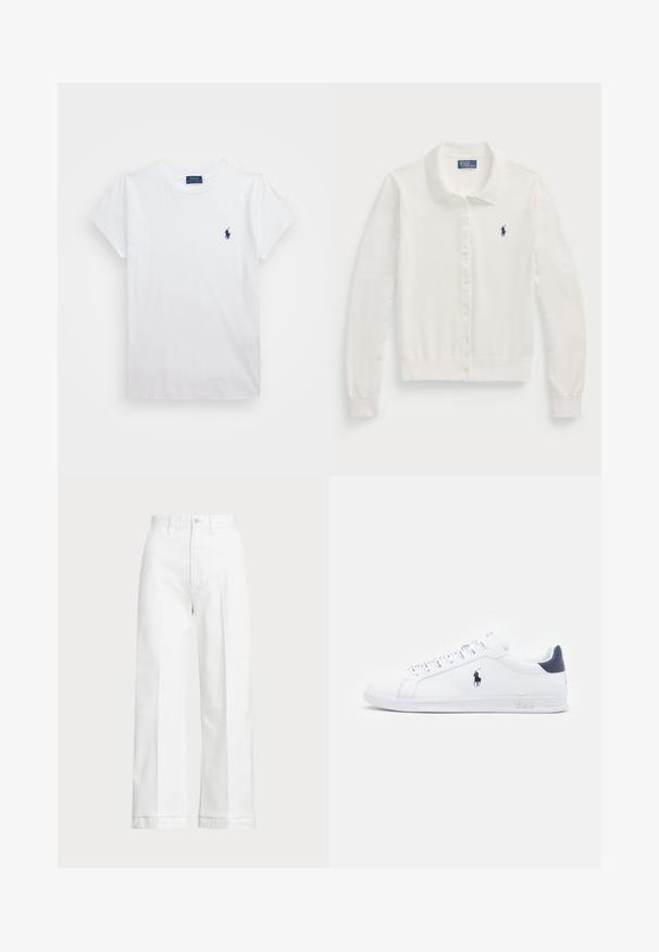 Cárdigan blanco de punto suave, con cuello tipo solapa, mangas largas, cierre frontal de botones y un pequeño logotipo azul marino.; Camiseta de algodón blanca de manga corta, con un pequeño logo en color marino en el lado izquierdo del pecho. Diseño sencillo con cuello redondo.; Pantalones de pierna ancha blancos con cintura alta, que cuentan con un cierre de botón y detalles de costura sutiles. Elaborados en algodón con una textura suave.; Zapatillas de cuero blanco con un acabado suave, detalles en azul marino y un pequeño logotipo en el costado. Cuentan con cordones planos y una suela de goma texturizada.