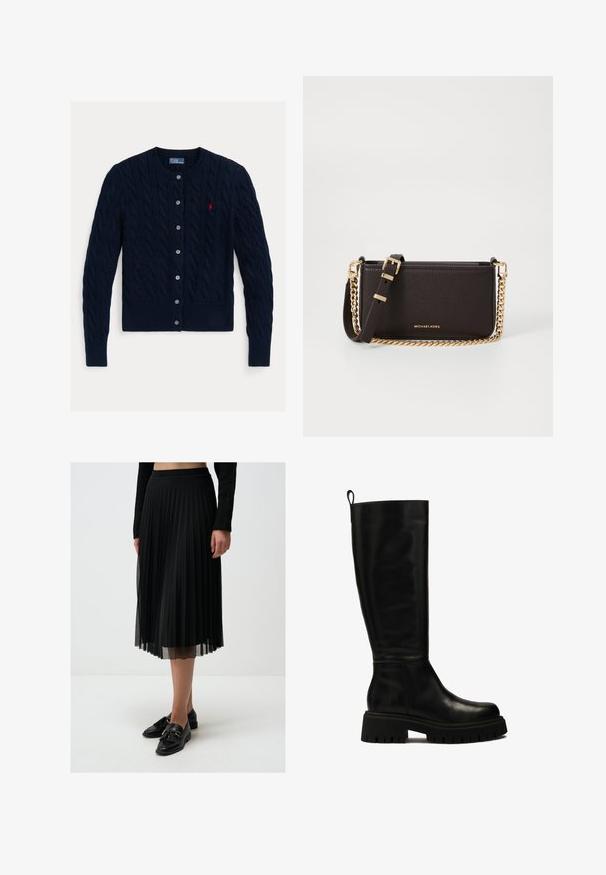 Cardigan in maglia a treccia blu navy con scollatura rotonda, chiusura a sei bottoni e orlo e polsini a costine. Piccolo logo rosso come accento sul petto sinistro.; Camicia bianca con bottoni, maniche lunghe, colletto strutturato e orlo arrotondato. Realizzata in un tessuto liscio e uniforme, senza motivi visibili o dettagli.; Gonna nera plissettata realizzata in tessuto leggero, con sovrapposizione trasparente, vita aderente e silhouette fluida.; Stivali in pelle neri al ginocchio con un design elegante, punta rotonda e suola in gomma spessa con profonde scanalature e una linguetta nella parte superiore.; MICHAEL Michael Kors BRYANT SM XBODY POUCHETTE - Borsa a tracolla - chocolate