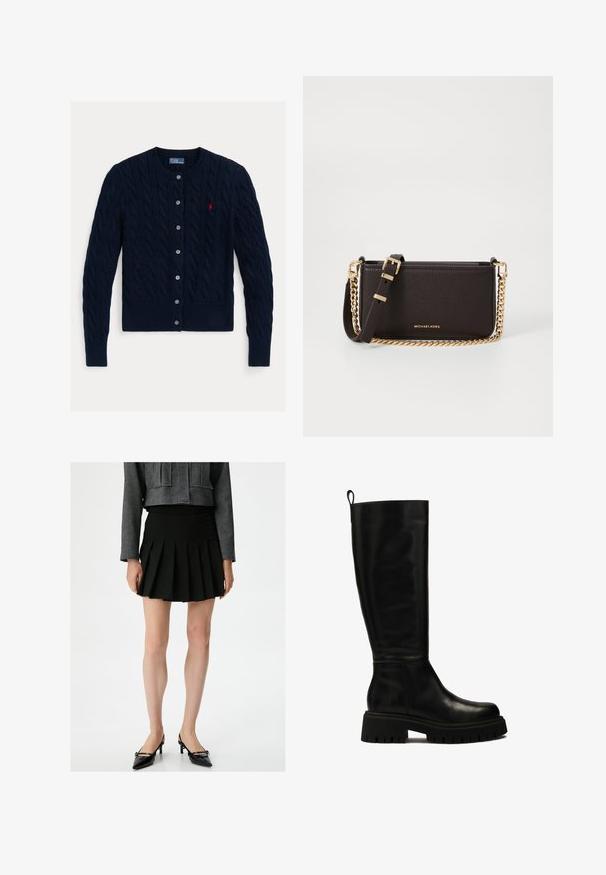 Dunkelblauer Zopfmuster-Cardigan mit Rundhalsausschnitt, sechs Knopfverschluss sowie geripptem Saum und Bündchen. Kleines rotes Logo-Detail auf der linken Brust.; Weißes Hemd mit langen Ärmeln, strukturiertem Kragen und abgerundetem Saum. Hergestellt aus einem glatten, einfarbigen Stoff ohne sichtbare Muster oder Akzente.; Schwarze, plissierte Rock mit einer glatten Textur. Kombiniert mit einer kurzen, grauen Texturjacke und schwarzen, spitzen Absätzen. Einfaches, klassisches Design.; Schwarze kniehohe Lederstiefel mit sleekem Design, runder Zehenform und robuster Gummisohle mit tiefen Rillen sowie einer Anhieblasche an der Oberseite.; MICHAEL Michael Kors BRYANT SM XBODY POUCHETTE - Umhängetasche - chocolate