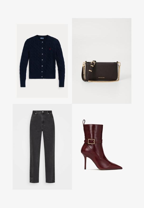 Cárdigan de punto cable azul marino con cuello redondo, cierre de seis botones y dobladillo y puños acanalados. Pequeño acento de logo rojo en el lado izquierdo del pecho.; Camisa blanca de botones con mangas largas, cuello estructurado y dobladillo redondeado. Hecha de una tela lisa y sólida sin patrones ni acentos visibles.; Vaqueros de mezclilla negra de pierna recta con cintura alta, botón y cremallera en el frente, y estilo de cinco bolsillos sobre un fondo blanco.; Botín de cuero burdeos con punta afilada y tacón de aguja. Cuenta con una correa con hebilla lateral y una textura suave. Tirador en la parte posterior para facilitar su uso.; MICHAEL Michael Kors BRYANT SM XBODY POUCHETTE - Bandolera - chocolate