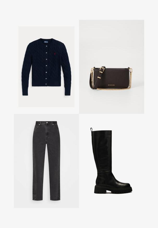 Granatowy kardigan w splot kablowy z okrągłym dekoltem, zapinany na sześć guzików, z prążkowanym dołem i mankietami. Mały czerwony akcent logo po lewej stronie klatki piersiowej.; Biała koszula zapinana na guziki z długimi rękawami, z wyraźnym kołnierzykiem i zaokrąglonym dołem. Wykonana z gładkiego, jednolitego materiału bez widocznych wzorów ani akcentów.; Czarne dżinsy o prostych nogawkach z wysokim stanem, z przodem zapinanym na guzik i zamek, oraz pięcioma kieszeniami na białym tle.; Czarne skórzane botki do kolan o smukłym designie, okrągłym nosku i masywnej gumowej podeszwie z głębokimi rowkami oraz uchwytem na górze.; MICHAEL Michael Kors BRYANT brązowy