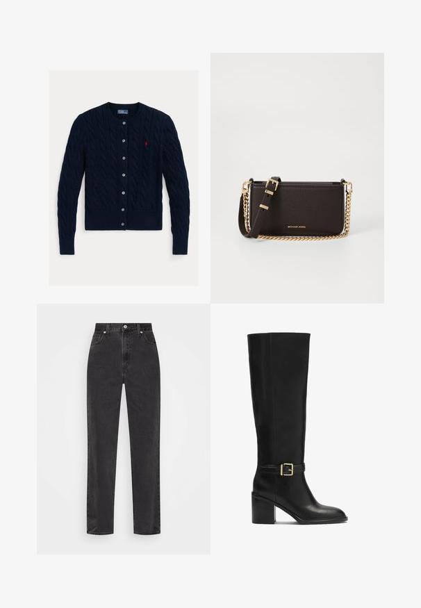 Cárdigan de punto cable azul marino con cuello redondo, cierre de seis botones y dobladillo y puños acanalados. Pequeño acento de logo rojo en el lado izquierdo del pecho.; Camisa blanca de botones con mangas largas, cuello estructurado y dobladillo redondeado. Hecha de una tela lisa y sólida sin patrones ni acentos visibles.; Vaqueros de mezclilla negra de pierna recta con cintura alta, botón y cremallera en el frente, y estilo de cinco bolsillos sobre un fondo blanco.; Bota negra hasta la rodilla hecha de cuero suave, con tacón cuadrado, acento de hebilla dorada y una silueta elegante.; MICHAEL Michael Kors BRYANT SM XBODY POUCHETTE - Bandolera - chocolate